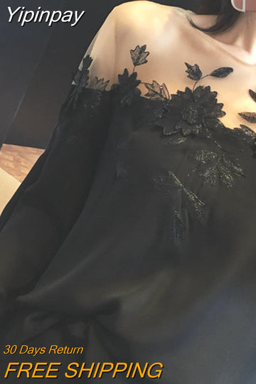 Yipinpay Vintage Floral Blouses Women Long Sleeve O-Neck Shirts Embroidery Shirts Famale Sexy Lace Elegant Tops Ladies 2023 Summer